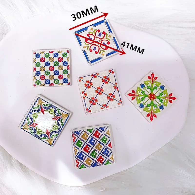 New 50pcs/lot 30mm cartoon flowers pattern print geoemtry square shape acrylic beads diy jewelry earring/garment accessory