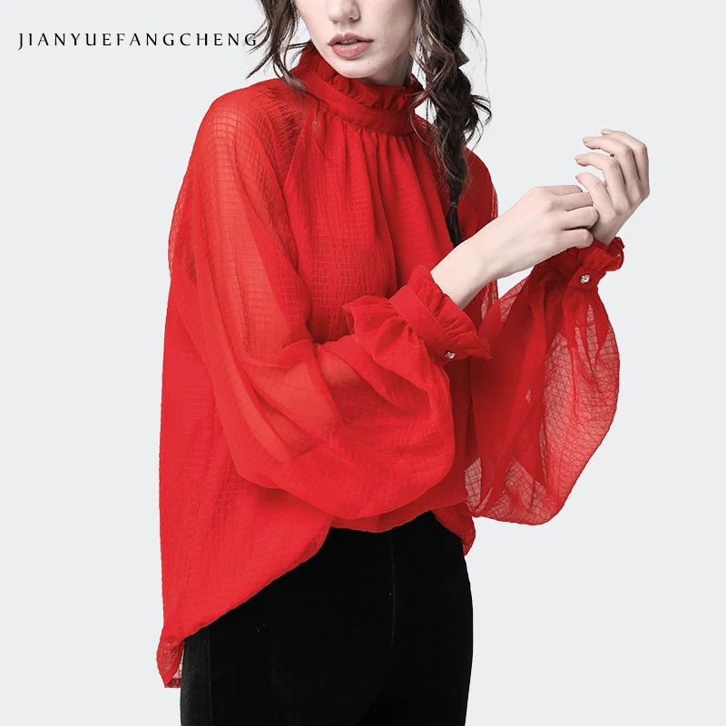 Lantern Sleeve Red Chiffon Blouse Mesh Top Women Spring Summer Loose-Fitting Plus Size Long Sleeves Stand Ruffled Collar Shirts