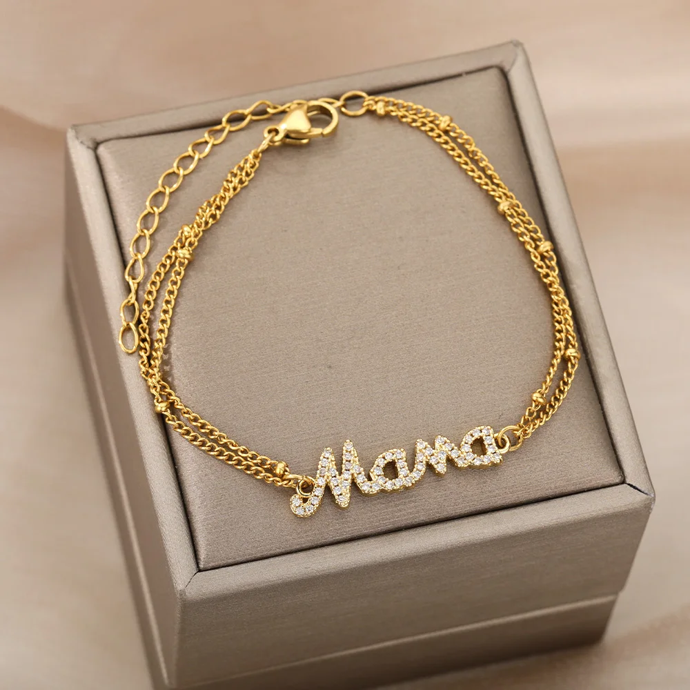 Zircon Letter Mama Bracelets For Women Stainless Steel Double Bead Link Chain Family Love Bracelet Femme Mother Jewelry Gift