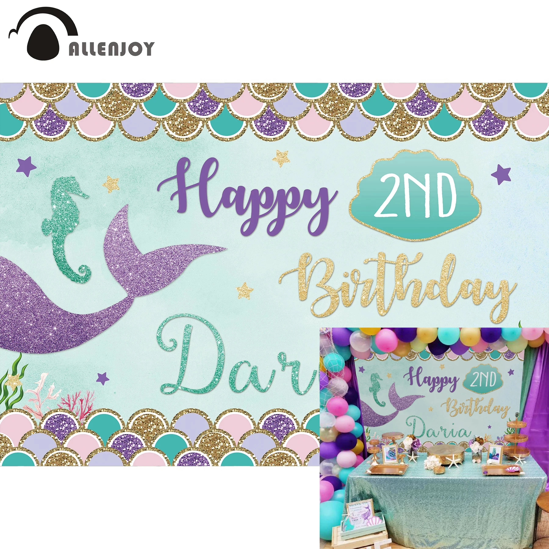 

Allenjoy Mermaid Party Backdrops Glitter Scales Under Sea Watercolor Baby Shower Wallpapers Happy 2nd Birthday Event Background