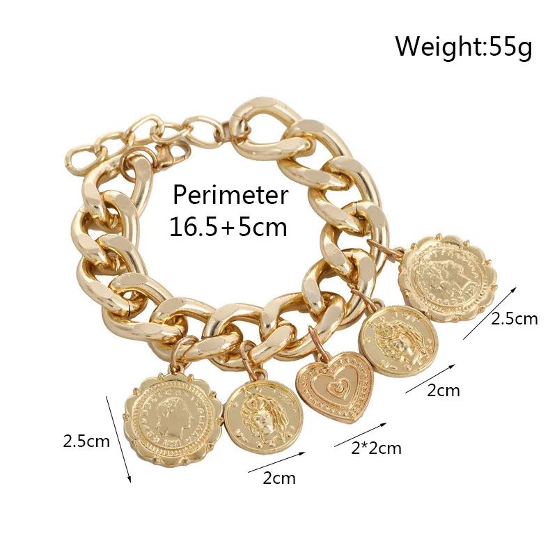 2020 Big Gold Bracket Punk Chain Coins Bracelet Retro Jewelry Female HipHop Multi Relief Portrait Geometric Pendant Bracelets