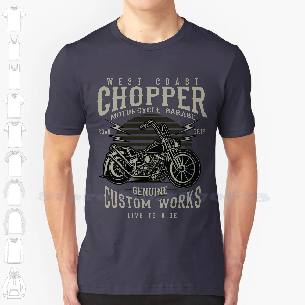 West Coast 100% Cotton T-Shirt Motorcycle Road Trip Garage West Coast Custom Bikes Genuine Tires Cool Old