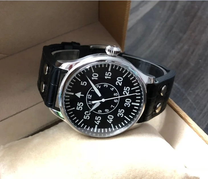 44mm GEERVO Black Sterile dial luminous Japanese VH31 quartz movement pilot men\'s watch 178-P8