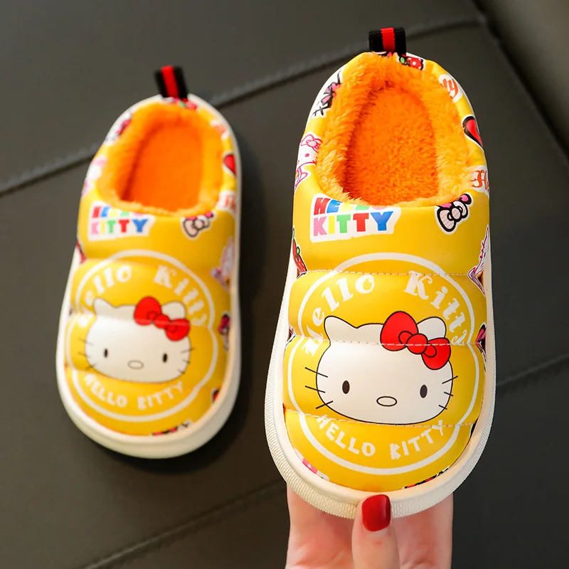 Hello Kitty Children\'s New Leather Waterproof Cotton Slippers For Girls And Boys Home Non-slip And Warm Cute Cartoon Plush Shoes