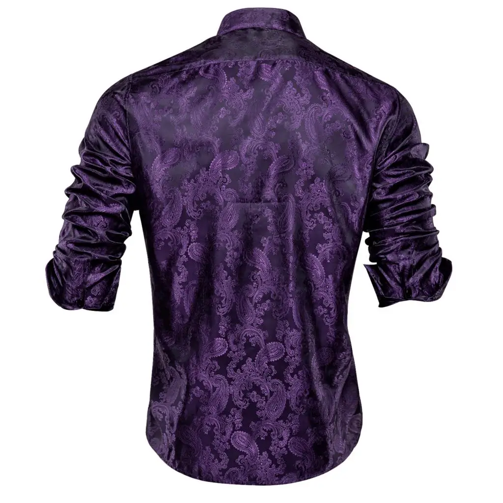 Elegant Purple Paisley Mens Silk Shirts Jacquard Long Sleeve Casual Lapel Shirts for Male Business Party Wedding Designer Hi-Tie