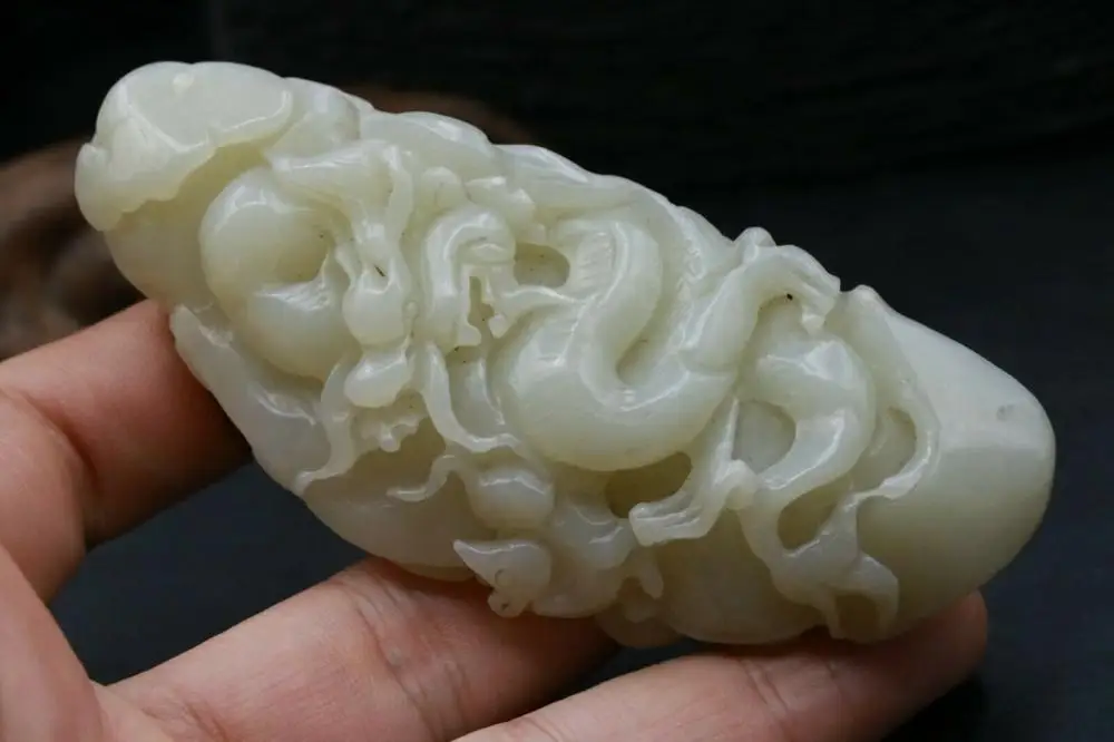 Big Treasure Chinese Vintage Hetian Jade Swaying Dragon ruyi&RAT Totem Pendant Carving Timestown 20201126A