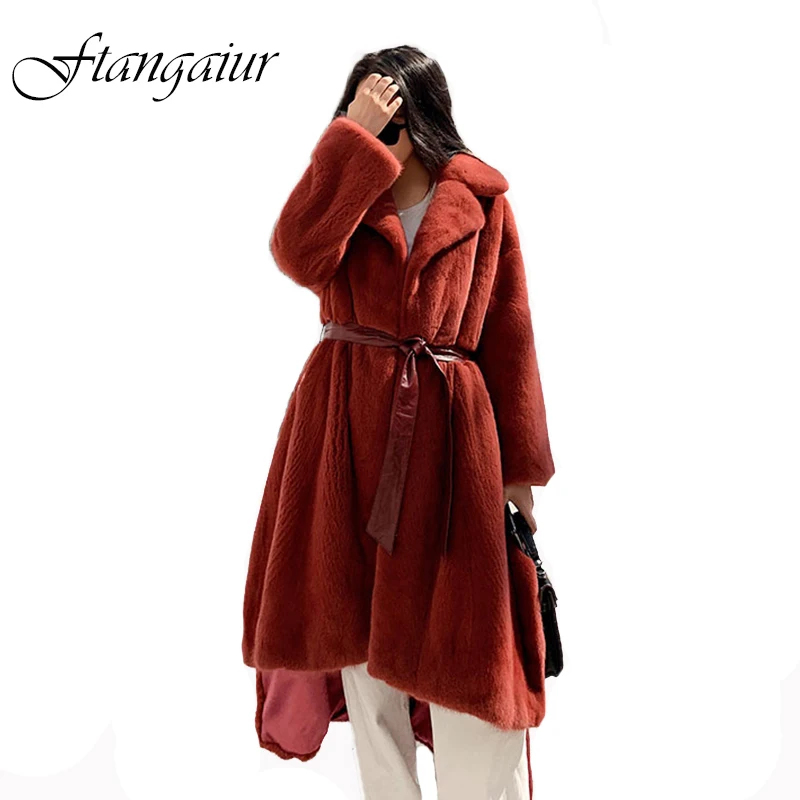 Ftangaiur Winter Import Velvet Mink Fur Coat Solid Turn-Down Collar Mink Coat Women's X-Long Natural Real Mink Fur Coats