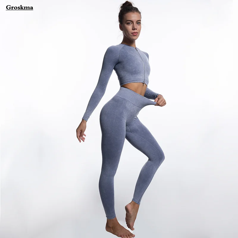 Manga longa colheita topos + cintura alta leggings mulheres yoga duas peças conjunto de fitness ginásio ternos sem costura esportes correndo roupas ropa mujer