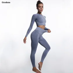 Crop top manica lunga + Leggings a vita alta donna Yoga Set due pezzi Fitness palestra abiti senza cuciture sport abbigliamento da corsa Ropa Mujer