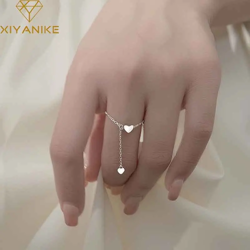 XIYANIKE Silver Color  Unique Design Love Heart Hanging Chain Ring Elegant Charm Index Finger Gift For Women Adjustable