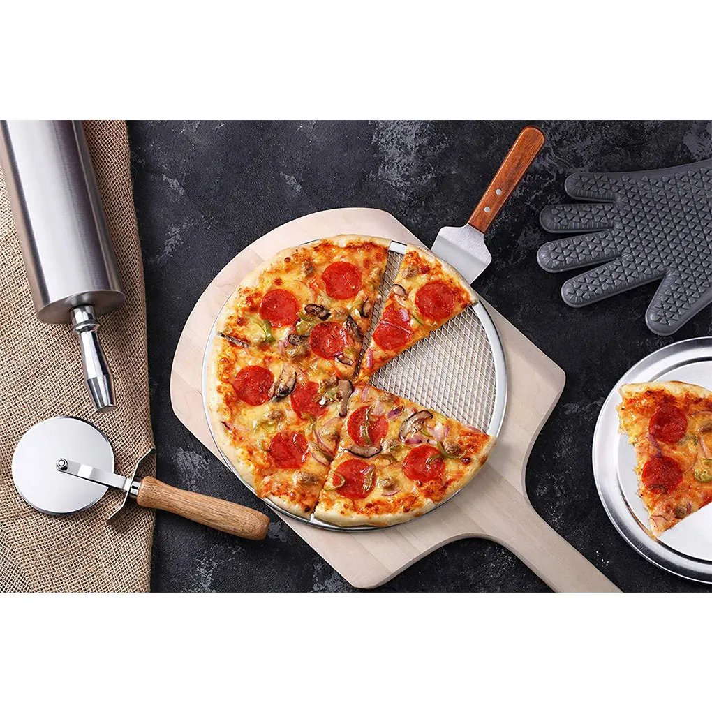 Pantalla redonda de aluminio para hornear Pizza, bandeja de corteza fina, sartén de alambre de aluminio, herramienta para hornear Pizza, 1 unidad