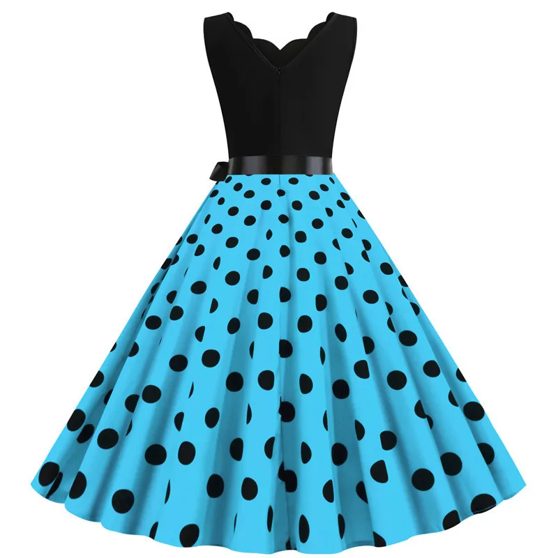Polka Dot Print Women Summer Dress Black Patchwork Sleeveless V Neck Elegant Vintage Party Casual Midi Dress