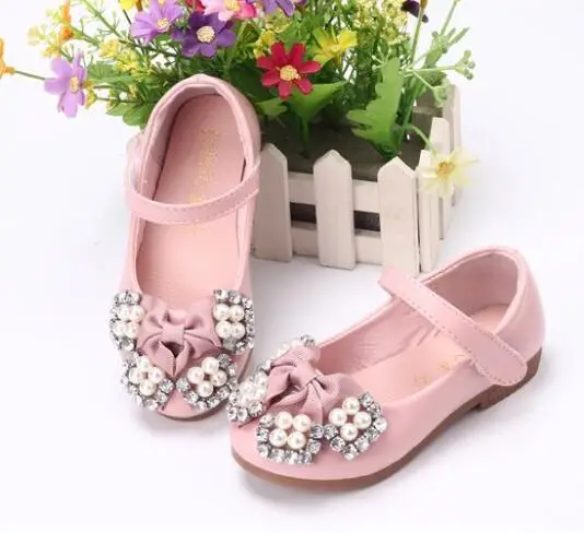 

SHORHA Girls leather shoes 2019 spring and autumn new peas shoes soft bottom princess rhinestone bow casual shoes