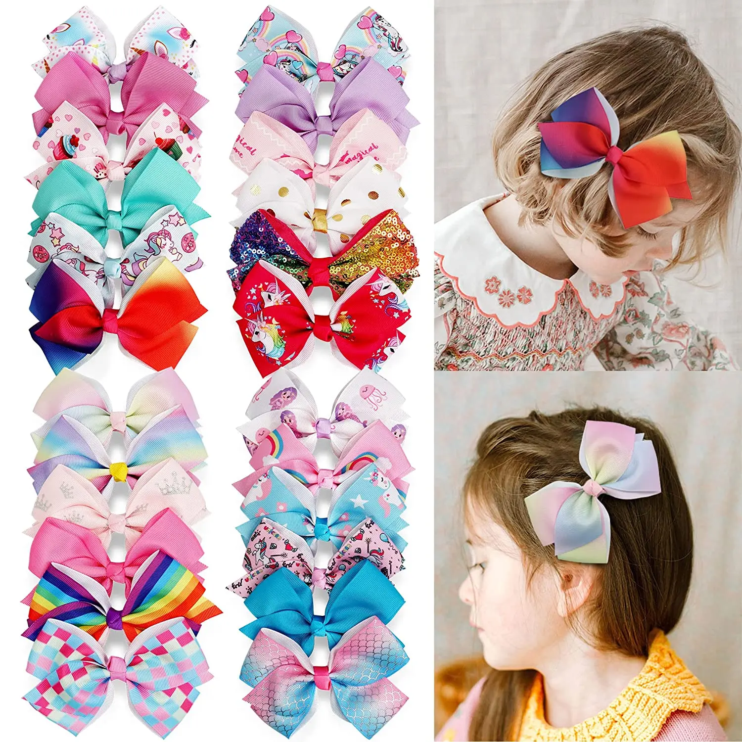 24Pcs 4.5Inch Bows for Girls Boutique Grosgrain Ribbon Rainbow Hair Bow Alligator Hair Clips Pigtail Bows Unicorn Hair Clips