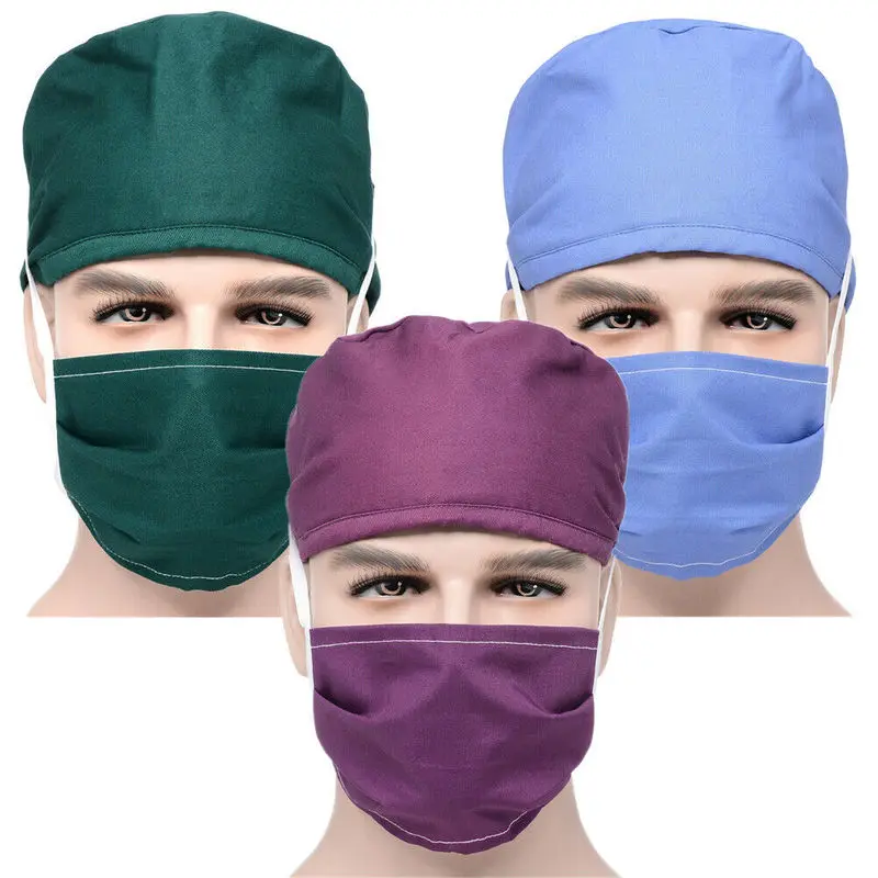 

Unisex Scrubs Hats Sets Cotton Sweatband Solid Nursing Caps Bandage Adjustable Workwear Hats Face Cover Working Accessories