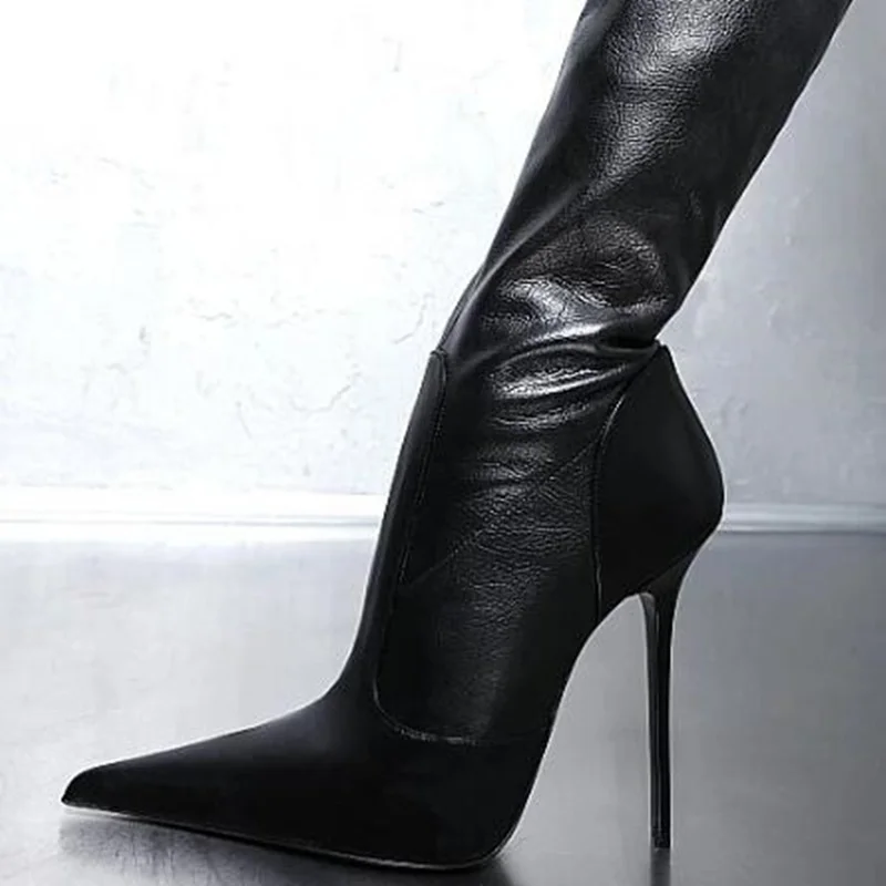 Sexy Matte Leather Black Over The Knee Boots Pointed Toe Shallow Pumps Celebrity Dress Shoes Zipper Tight High Boots Drop Ship