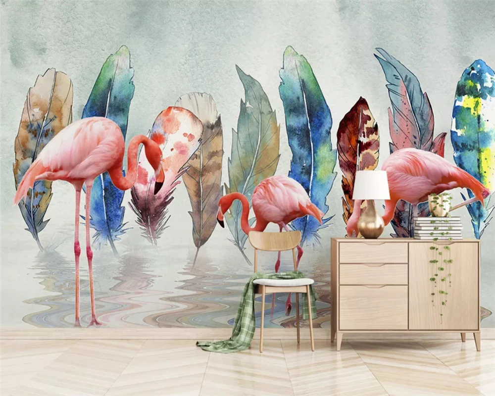 beibehang Customized papel de parede wallpaper Nordic vintage watercolor feather flamingo background decorative painting behang