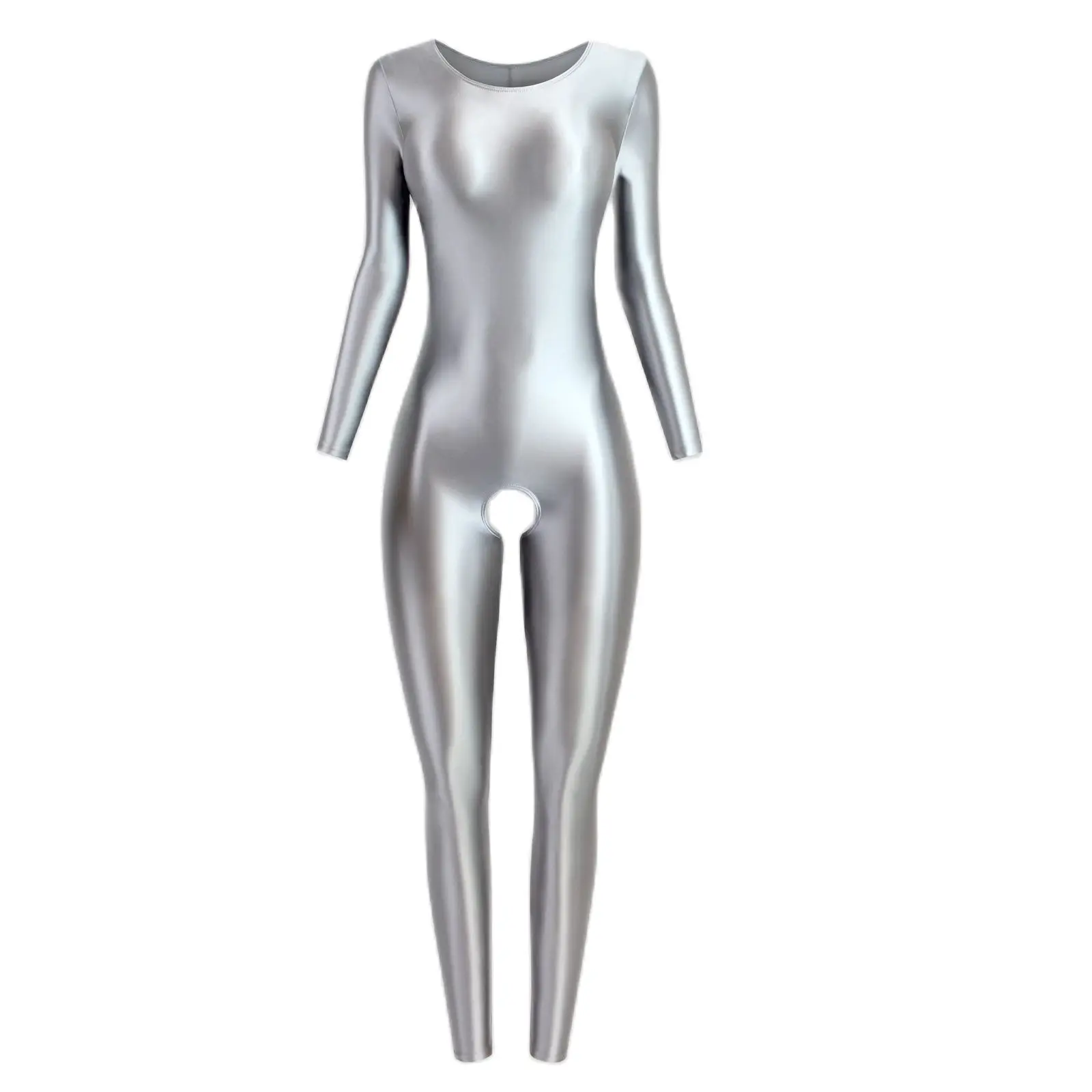 Sexy glänzender Body für Frauen, offener Schritt, eng anliegender, öl glatter Lauf overall, Zentai-Anzüge, lässige Strumpfhosen, Catsuits