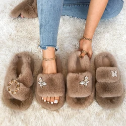 Women Fluffy Slippers Designer Fur Slides Crystal Butterfly Faux Fur Sandals Glitter Rhinestone Platform Slippers Female Shoes