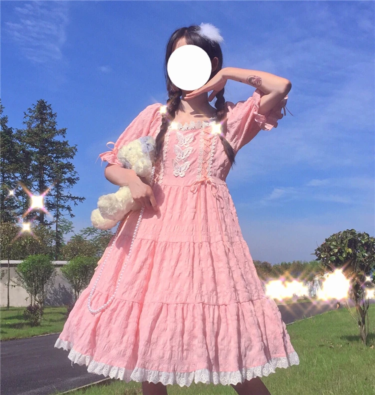 Lolita lolita täglichen fee weiß blase hülse hohe taille elegante kleid fee sommer prinzessin viktorianischen kleid kawaii mädchen cos