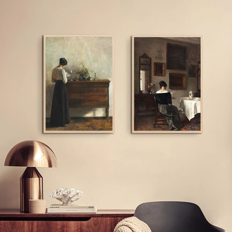 Vintage Woman Reading Interior Scene Oil Painting Canvas Posters Antique Women Portrait Prints Rustic Country Wall Art Decor