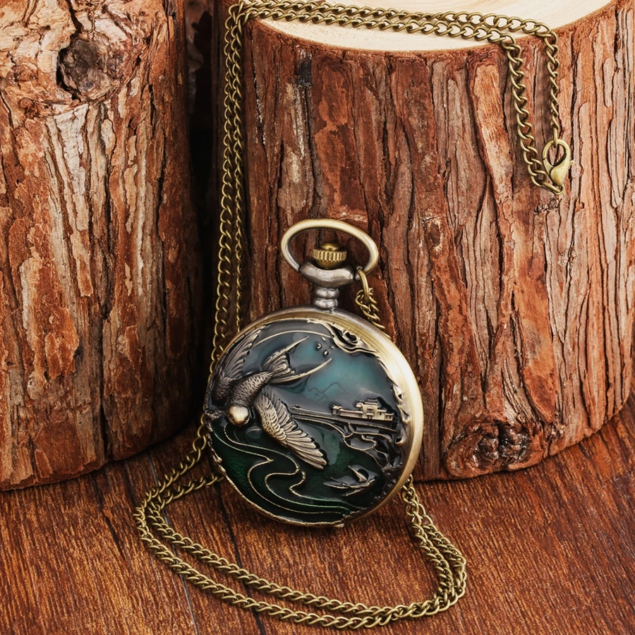 Bronze Crane/Elk/Elephant Animal Quartz Pocket Watch Round Dial Pocket Necklace Pendant Sweater Chain Pocket Clock for Men Women