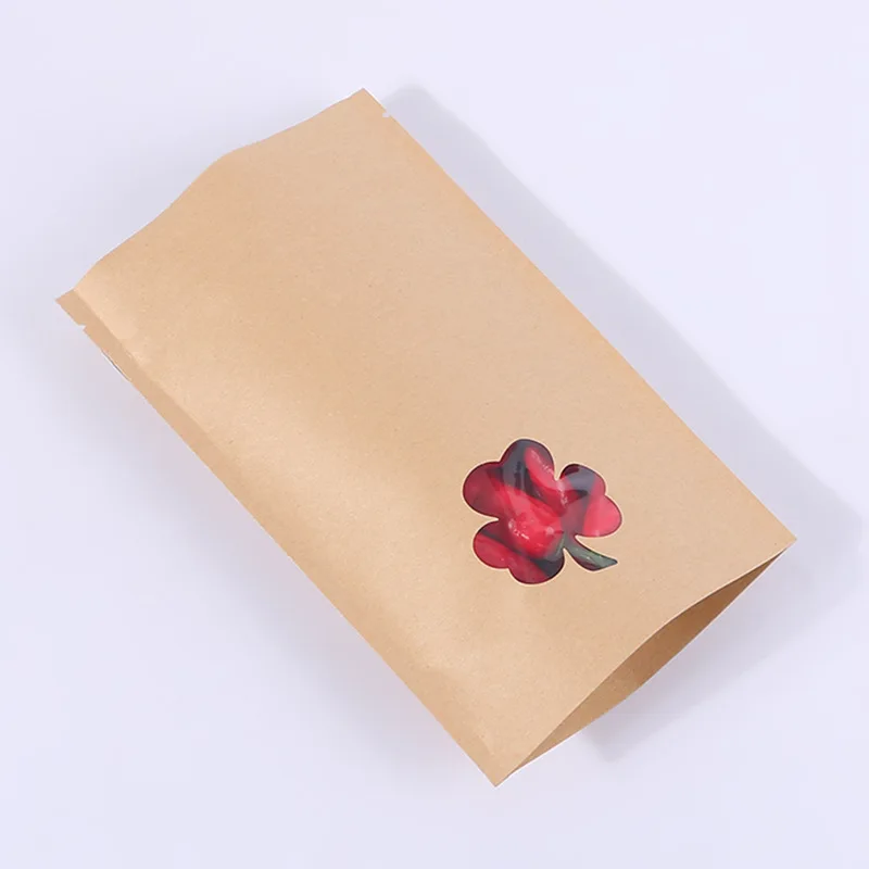 500Pcs/Lot Aluminum Foil Kraft Paper Bags With Window Snack Food Sealed Bag Dried Tea Grain Candy Zip Lock Stand Up Wholesale