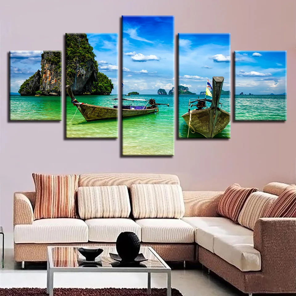 

HD Printed Island Ship and Blue Sky White Cloud Seascape Canvas Pictures, Home Decor, Wall Art, Living Room Decoration, 5 PCs