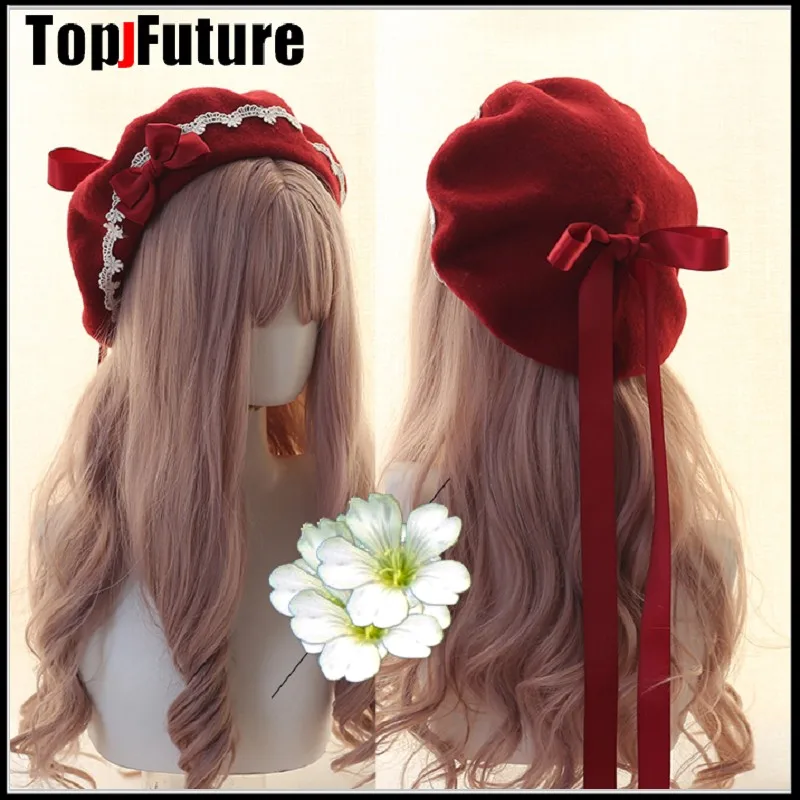 Japanese girl Kawaii Beret Hat Lolita Teenage heart Sweet Woolen Handmade Cute Lace Bowknot Warm  Winter Painter Hat Headdress