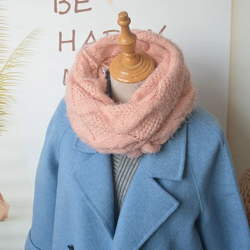 Chunky Circle Knitted Scarf for Women Thick Snood Acrylic Ring Pink Neckerchief for Lady Warm Winter Scarf