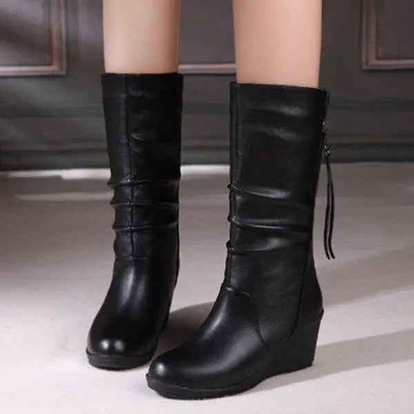 Winter Boots  Women Boots Wedge Mid Calf Boots Women Shoes Black Fashion Mother Shoes Leather Boots Round Toe Ladies Shoes 896