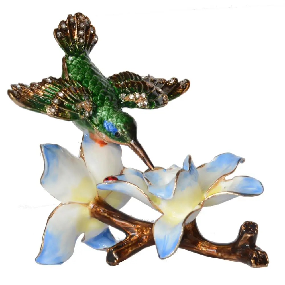 Hummingbird at Flower Trinket Box, Metal Jewelry Container, Bird Figurines Decoration