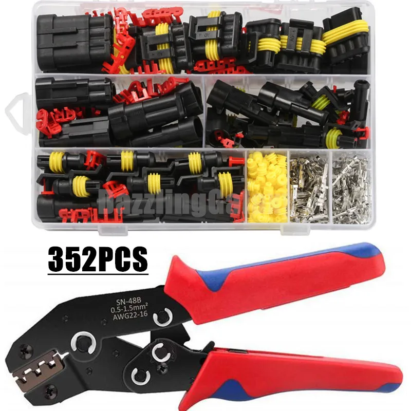 352PCS Waterproof Car Electrical Wire Connector Plug Kit 1/2/3/4 Pin Motocycle Truck Harness Male Female SN48B crimping pliers