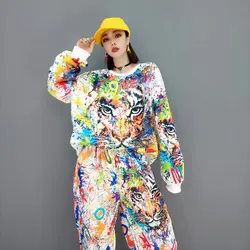 Spring and Autumn Cartoon Graffiti Tiger Tracksuit Women Two Piece Sets,Super Cool Printing Sweatshirt and Pants