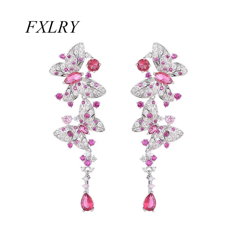 

FXLRY Elegant Shiny Pink Red Cubic Zircon Long Dangle Butterfly Earrings Luxury Women Party Wedding Jewelry Gift