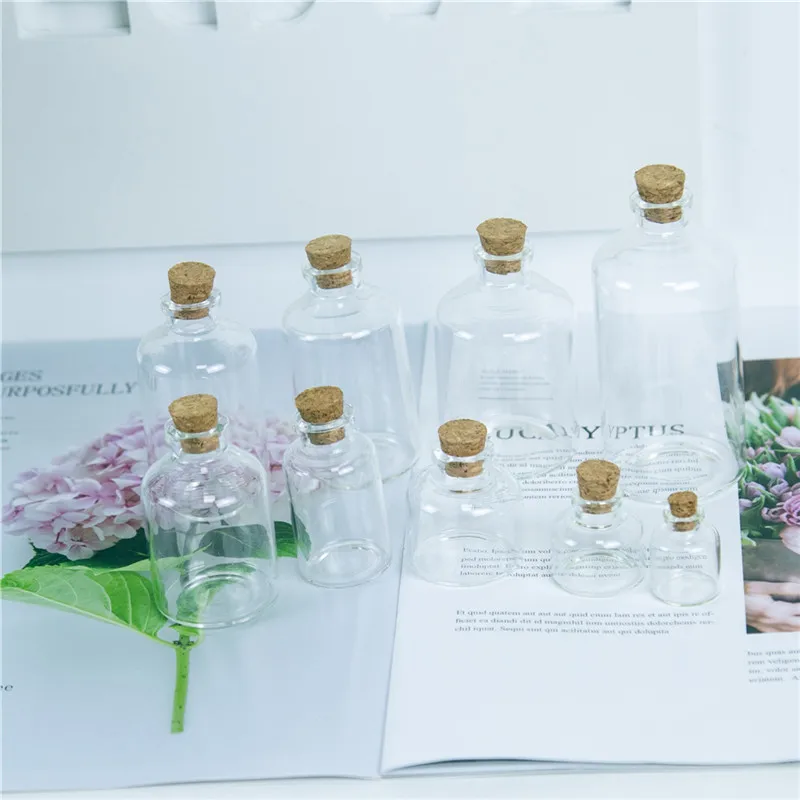 24PC Mini Transparent Glass Cork Bottles Crafts Vials Clear Glass Empty Wishing Bottles 4ml 10ml 100ml Jars Containers Diy Vials