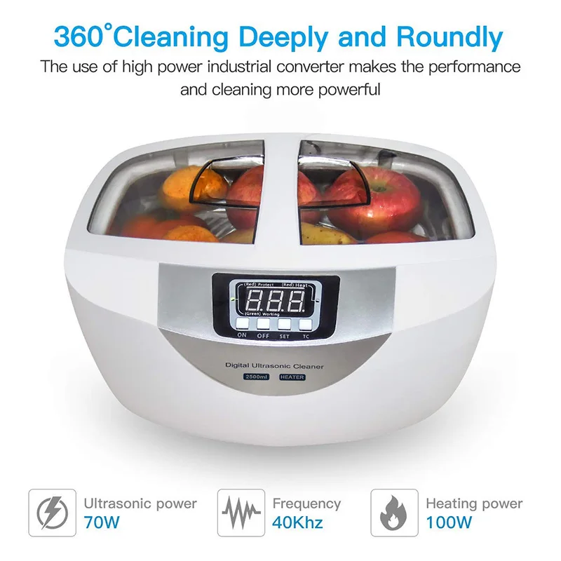 Ultrasonic Cleaner 2.5L Ultrasonic Jewelry Cleaner 40kHz Dental Sonic Cleaner with Heater & Timer for Fruits Vegetables Glasses