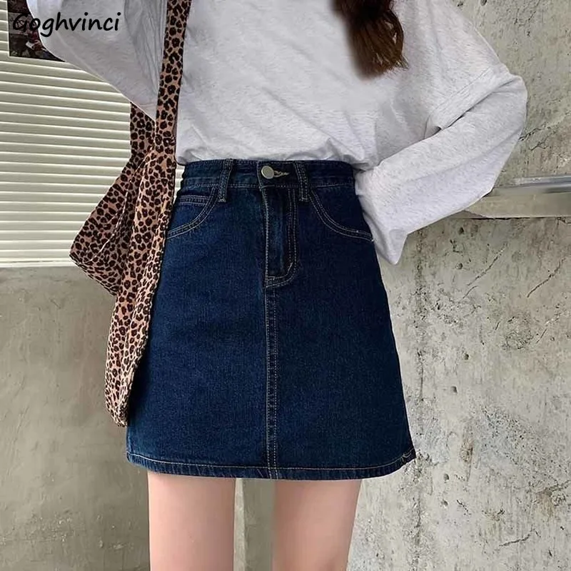 

Denim Mini Women Skirts Solid Blue Fake Zippers Sexy Simple Vintage Button Korean Style A-line Slim Fashion All-match Retro Chic