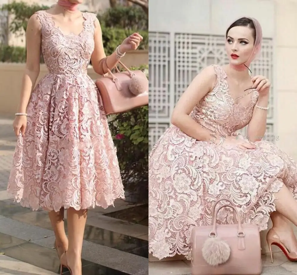 Robe de Soriee 2024 elegante rosa Spitze kurze Ballkleider Schaufel Tee Länge Cocktail Geburtstags kleider Robe de Soiree