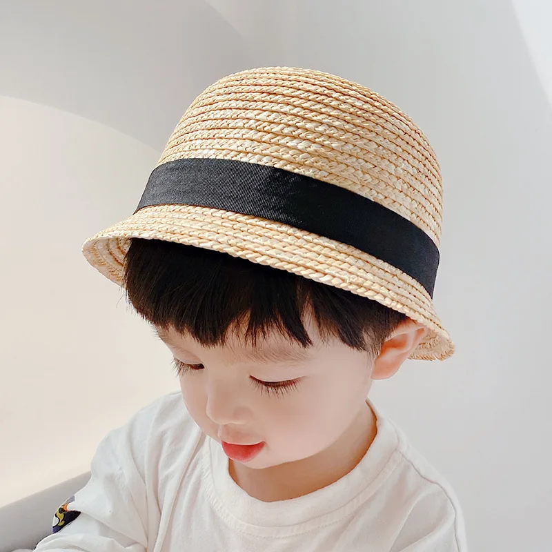 Japanese Style Children Baby Straw Plaited Bucket Hat Fashion Round Top Outdoor Summer Sunhats Infant Kids Boys Girls Hats Caps