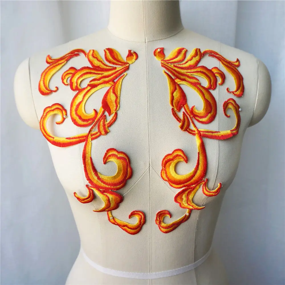 2PCS Blue Pink Orange Baroque Fabric Appliques Sew Iron On Patches Embroidered Collar For Wedding Gown Dress Decoration DIY