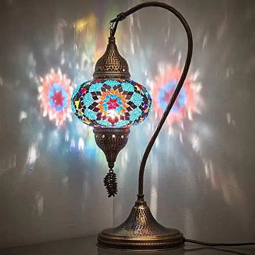 

LaModaHome Handmade Turkish Moroccan Colorful Mosaic Glass Antique Table Bedside Lamp Lampshade, 18.8 "(Sky)