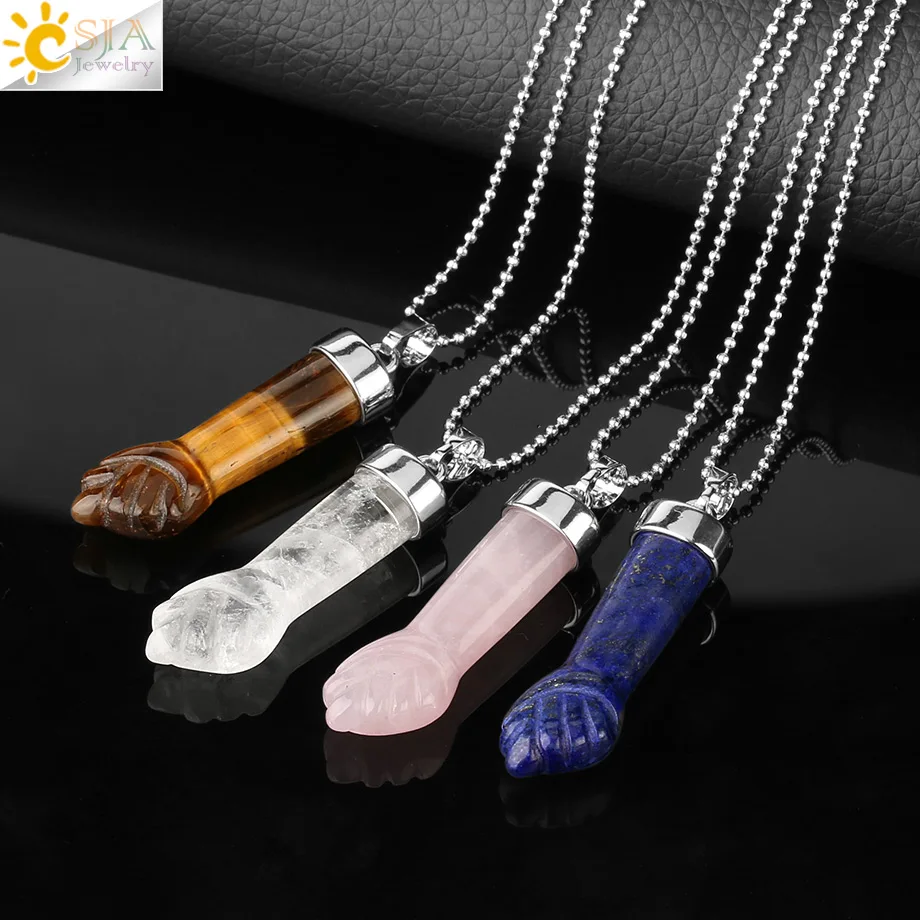 Natural Stone Pendants Necklaces Carved Fist Arm Amethysts White Crystal Pink Quartz Tiger Eye Lapis Aventurine Jewelry G291