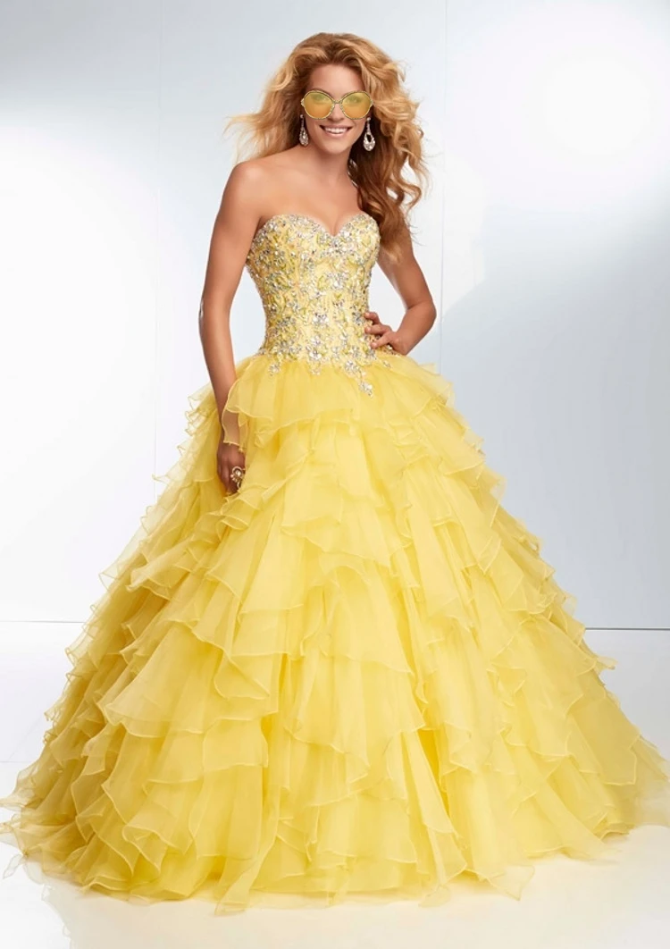 Vestido de baile con volantes amarillos, vestido de quinceañera, cuentas, 16 vestidos formales de fiesta, baile de graduación, escote Corazón, Organza con cordones