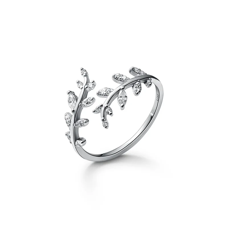 WANTME 925 Sterling Silver Sweet Romantic Zircon Open Branch Small Leaf Adjustable Ring for Women Korean Wedding Party Jewelry