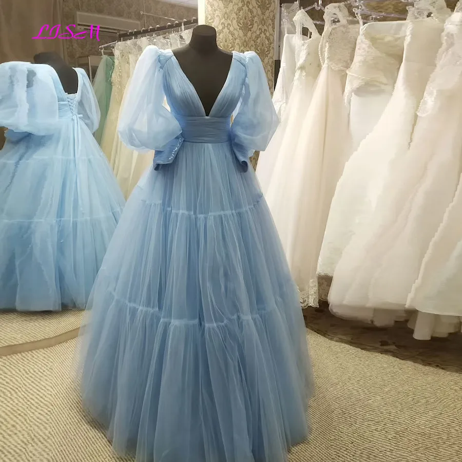 Lichtblauw Elegante Prom Jurken Puff Lange Mouwen V-hals Tulle Baljurk Vrouwen Avond Party Jurken Plus Size Wedding Party jurk