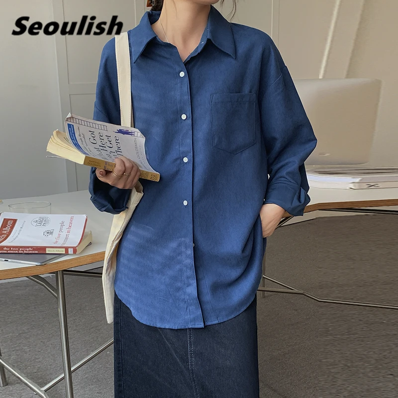 

Seoulish 2021 New One Pocket Solid Women's Blouse Casual Loose Female Blouse Top Workwear Office Korean Style Shirts Autumn
