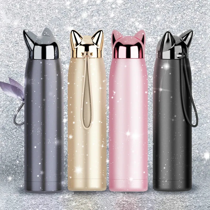 

320ml Wall Thermos Water Bottle Stainless Steel Vacuum Flasks Cute Cat Fox Ear Thermal Coffee Tea Milk Travel Mug