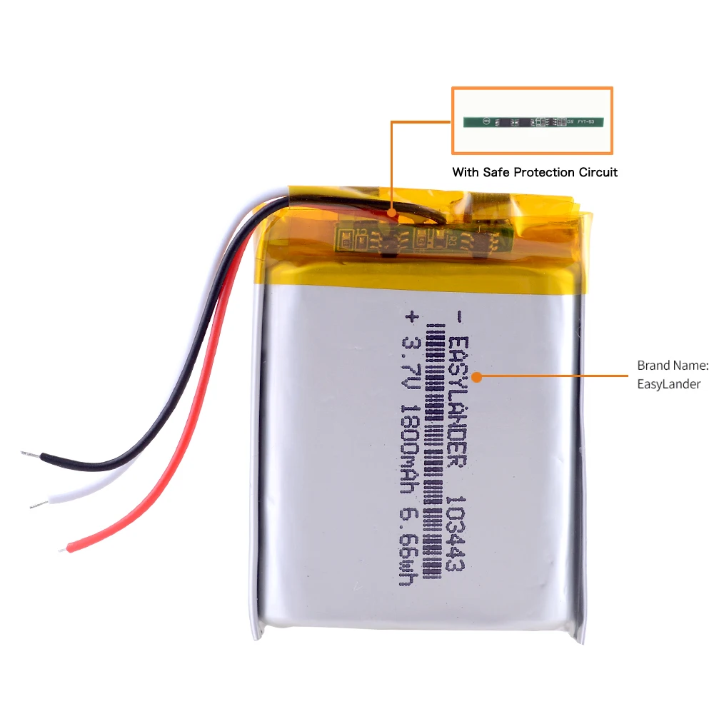 3 linie 3.7V 103443 1800mAh akumulator litowo-jonowy polimerowy do MP3 nawigacja GPS dryfowania Stealth 2 kamera akcji