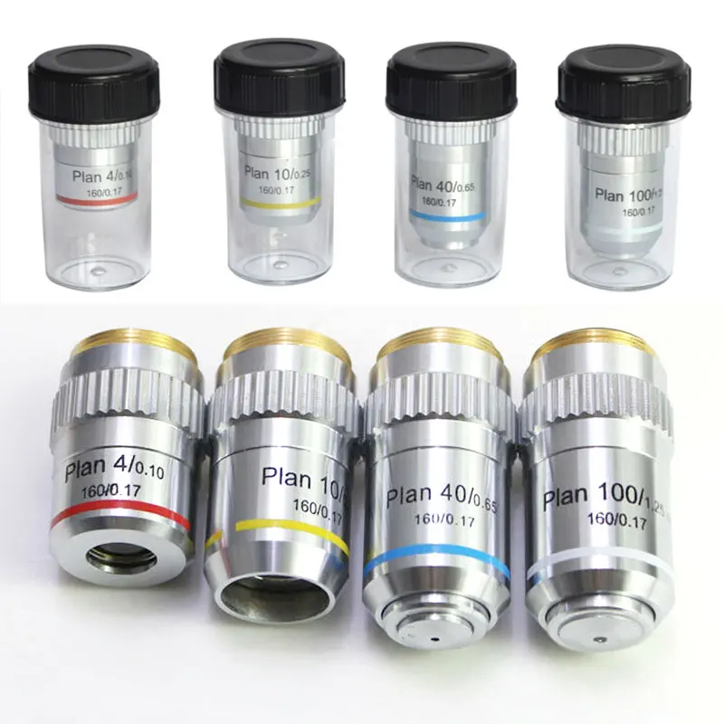 195 Plan 4X 10X 40X 100X Objective lens Set Biological Microscope Achromatic Objectives 20.3 RMS Microscope Parts Accessories